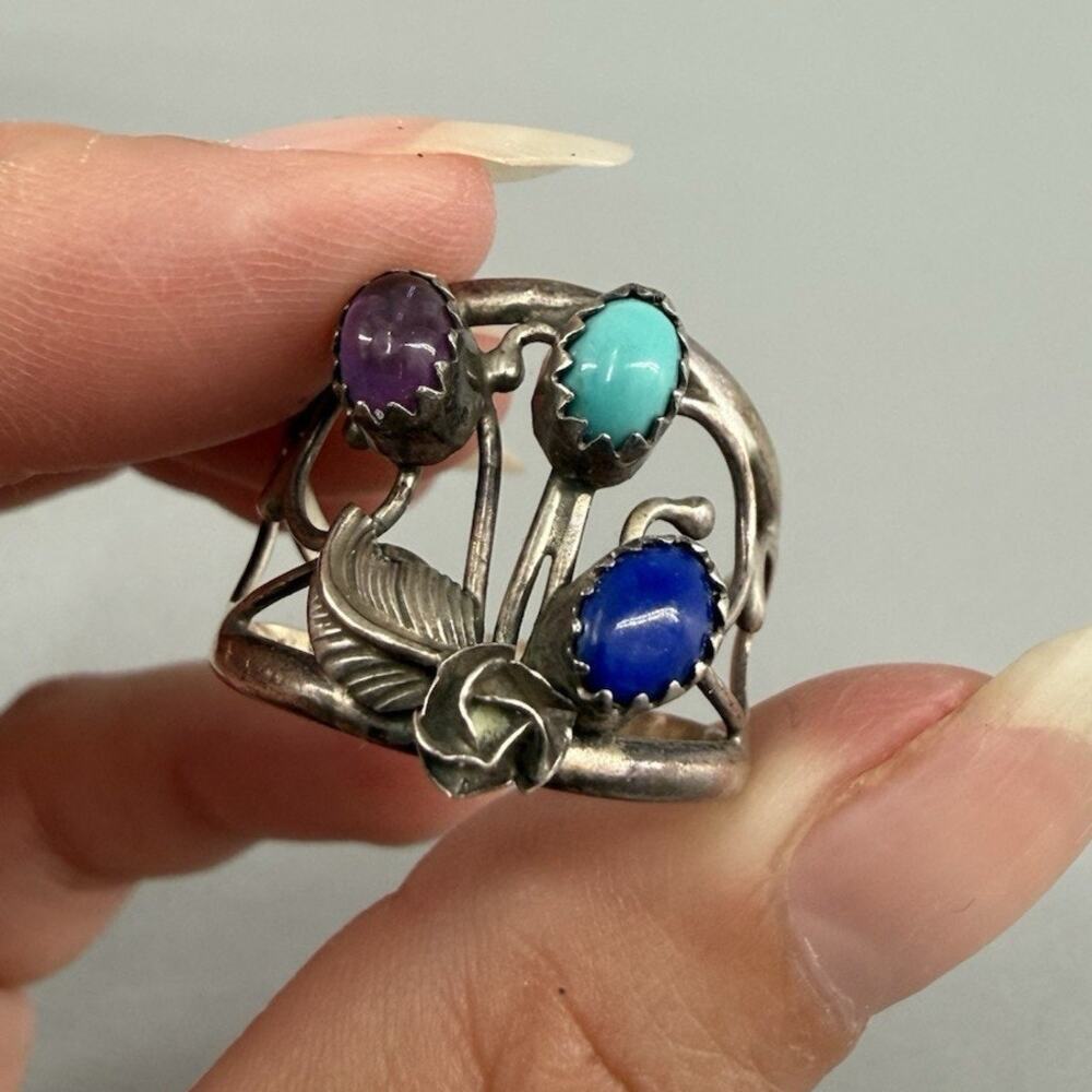 Vintage Shirley Henry Sterling Silver Navajo Multi Stone Ring Signed SH